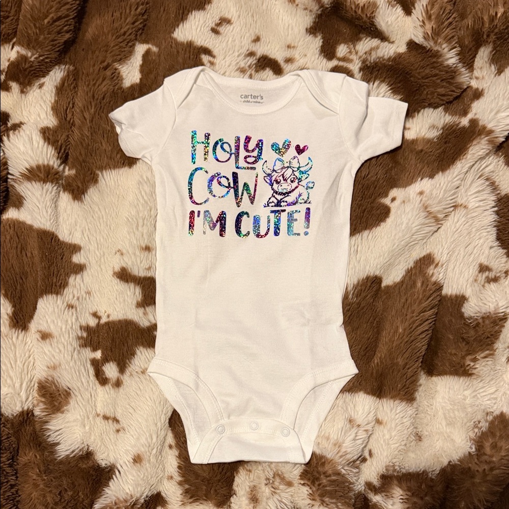 White Baby Graphic Bodysuit - 'Holy Cow I'm Cute!'
